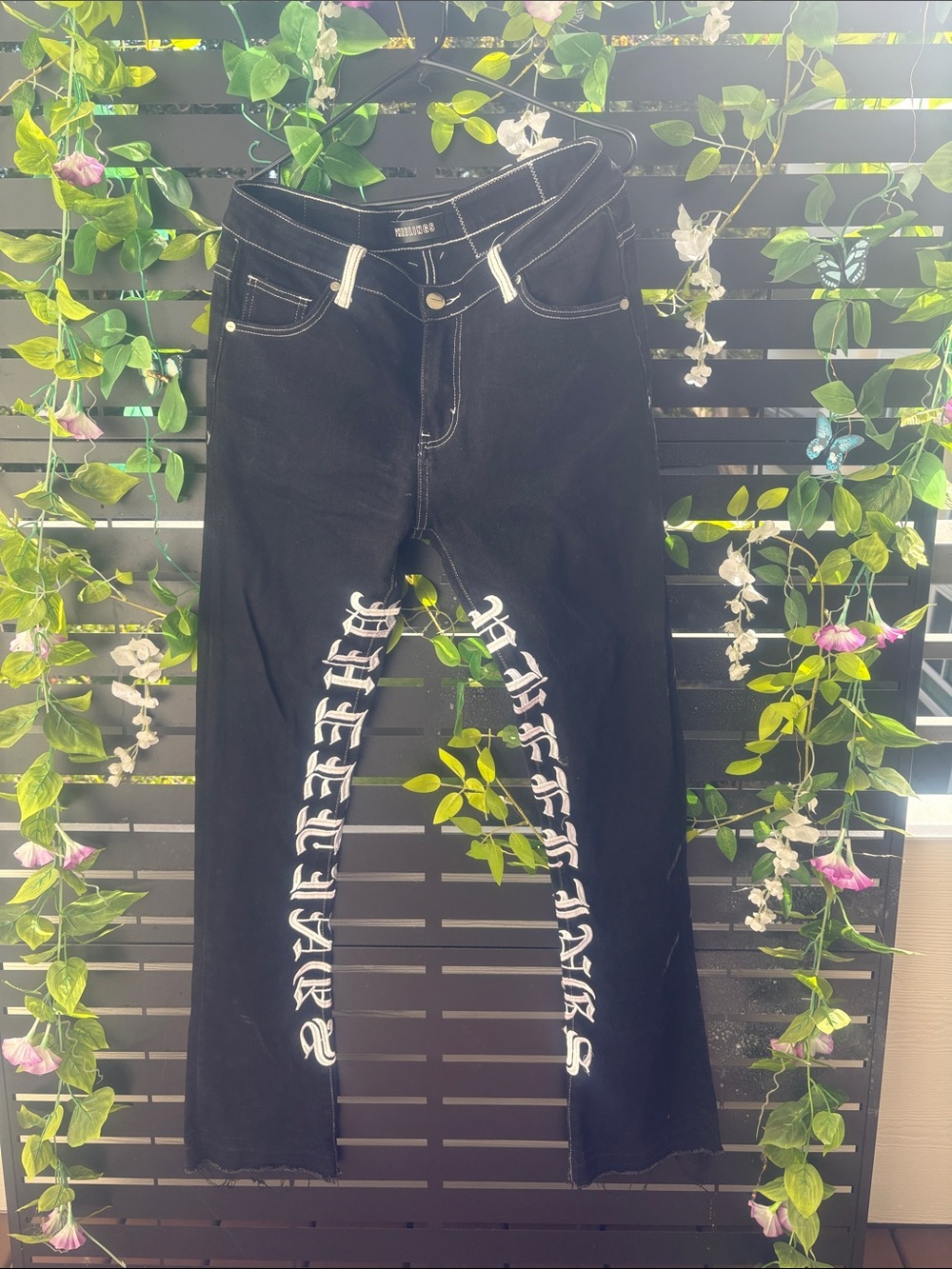 MNML Black Straight-Leg Jeans with White Gothic Leg Graphics